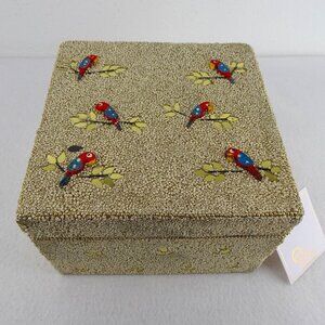 Beaded Wood Jewelry Storage Trinket Box Handcrafted Parrots Bird Theme